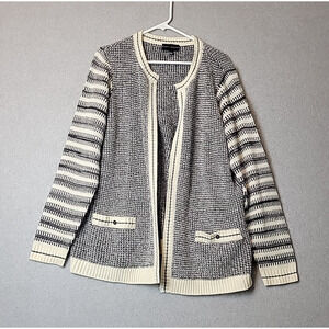 Susan Graver Chic Black Ivory LS Open Front Cardigan Women's XL Stretch Pockets